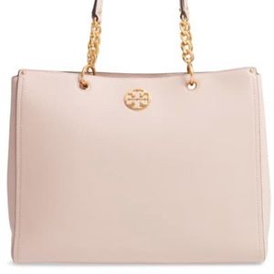 Tory Burch Everly Leather Tote Shell Pink Purse Bag Gold